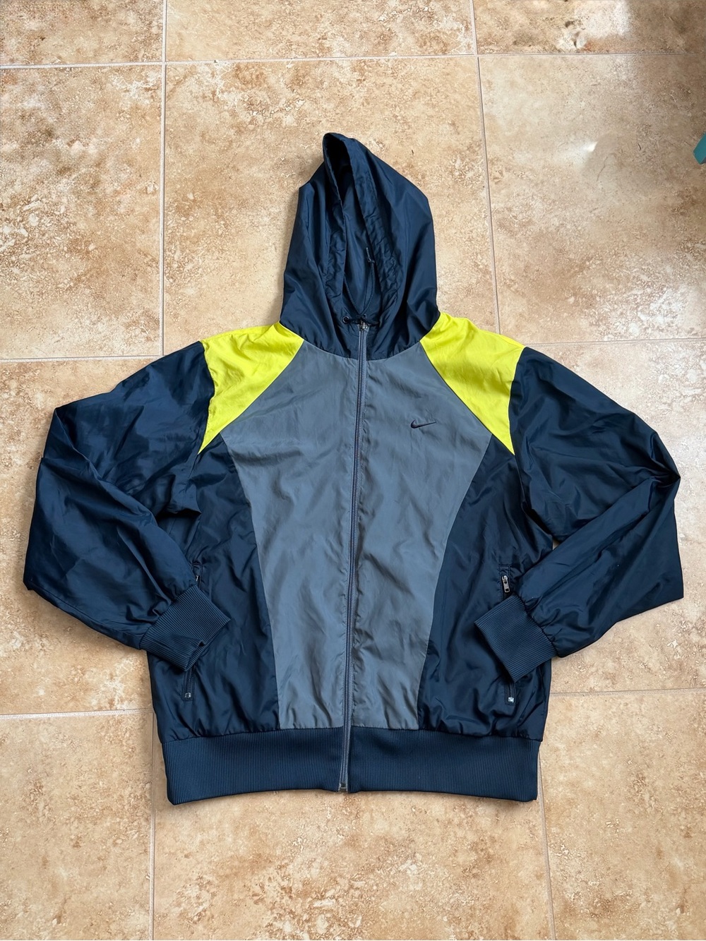 Men’s Hooded Colorblock Windbreaker Jacket - Navy, Gray & Neon Yellow